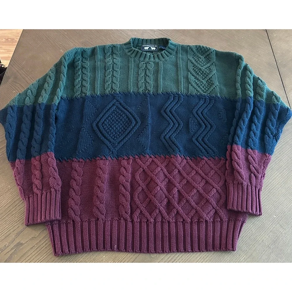 Woods & Gray Mens XL Colorblock Cable Knit Cotton Sweater Green‎ Blue Burgundy
